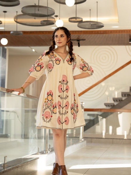 Elegant Cream Cotton Midi Dress with Embroidered Detail & V-Neckline