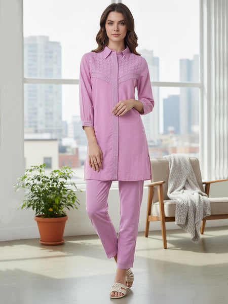 Graceful Lavender Co-Ord Ensemble Featuring Intricate Lace and Comfort Fit