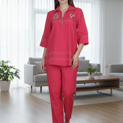 Pink Embroidered Cotton Co-Ord Set with Collar Neck Shirt & Straight Pants