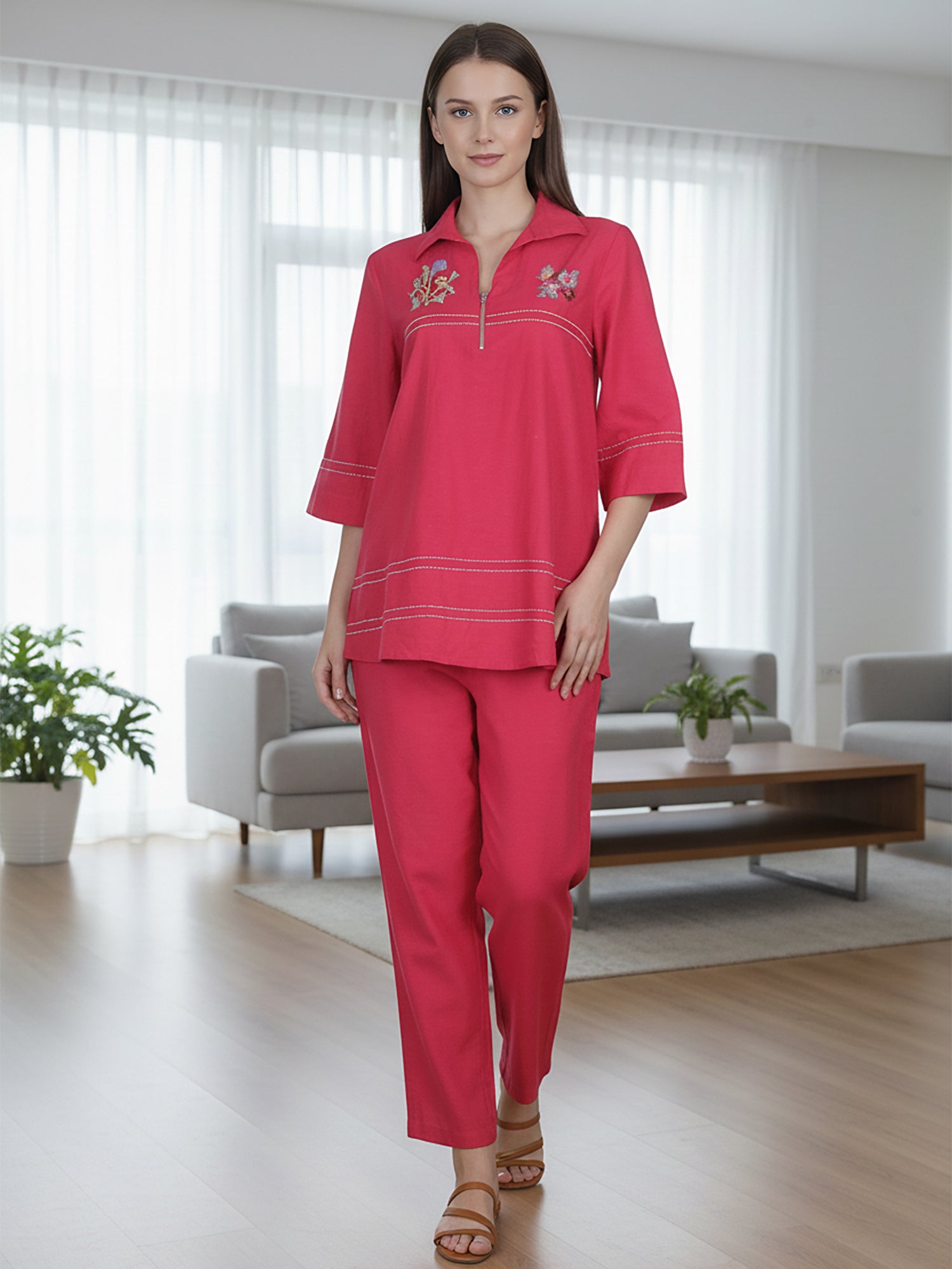 Pink Embroidered Cotton Co-Ord Set with Collar Neck Shirt & Straight Pants
