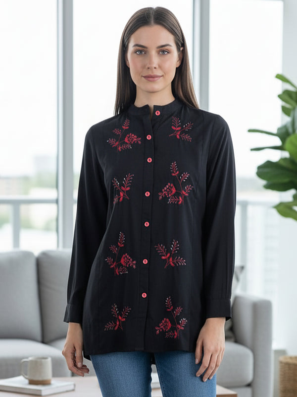 Classic Black High-Neck Embroidered Tunic Top