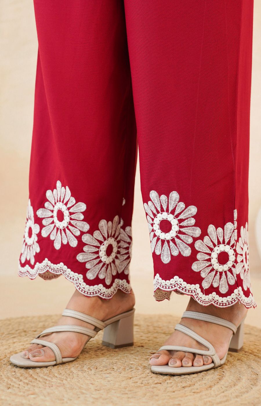 Stylish Red Flower Work Women’s Two-Piece Set