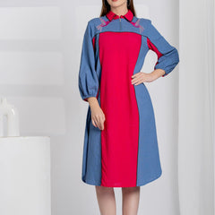 Women Color block Embroidered Midi Dress with Puff Sleeves & Zip Collar