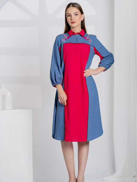 Women Color block Embroidered Midi Dress with Puff Sleeves & Zip Collar