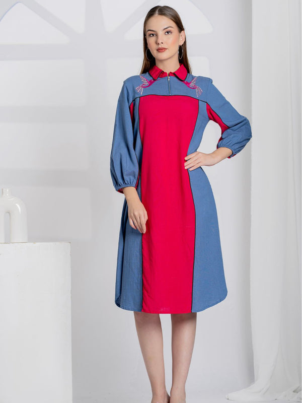 Women Color block Embroidered Midi Dress with Puff Sleeves & Zip Collar