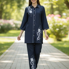 Navy Blue White Embroidered Co-ord Set