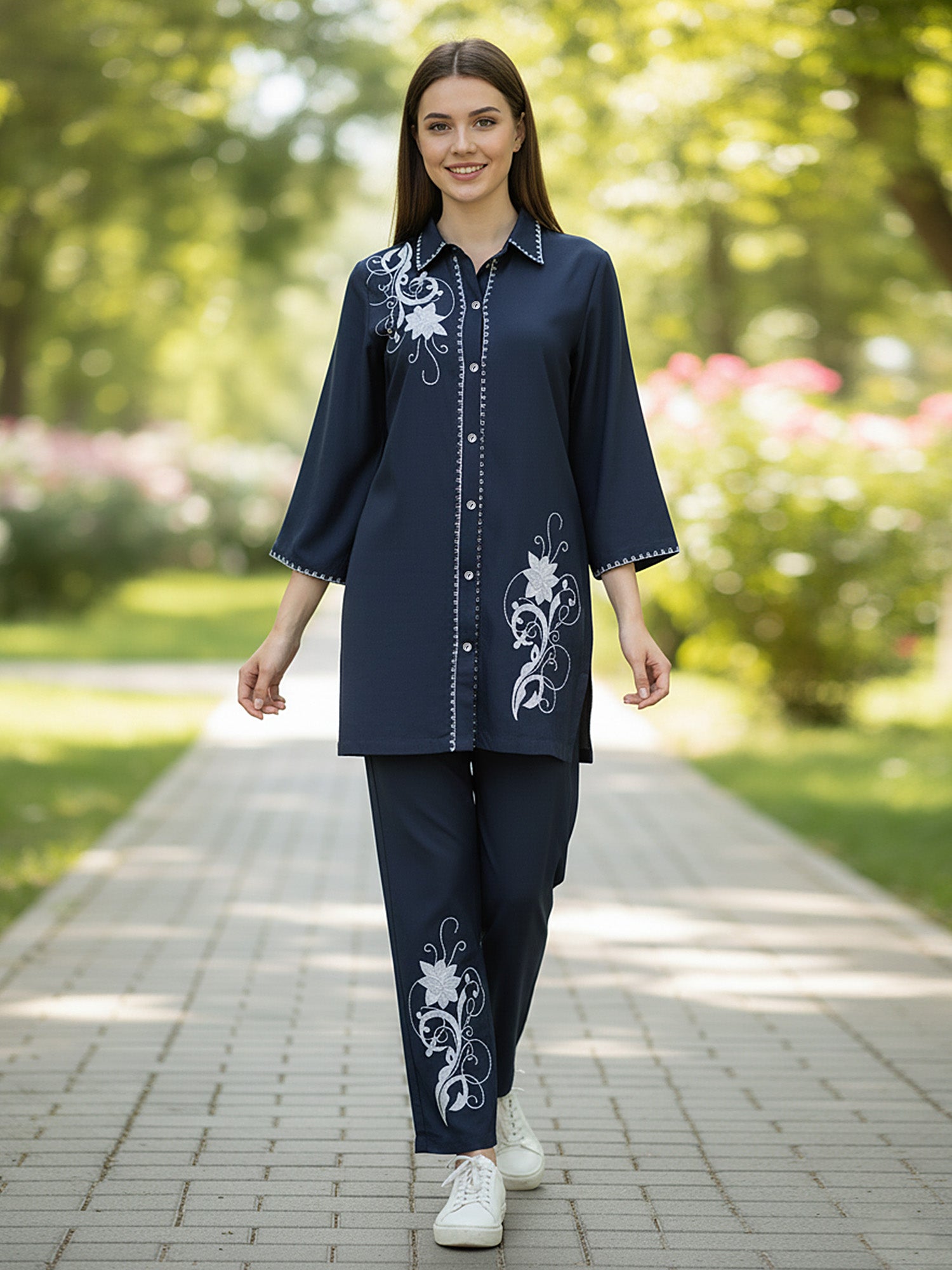 Navy Blue White Embroidered Co-ord Set