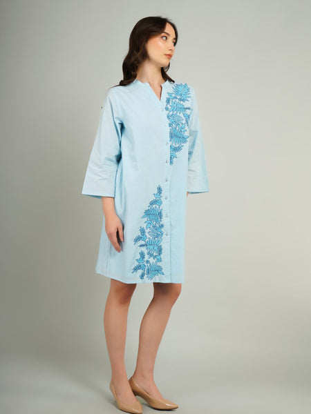 Light Blue Embroidered Cotton Shirt Dress