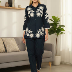 Navy Blue Cotton Embroidered Floral Co-Ord Set
