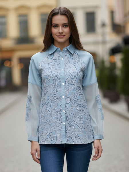Sky Mist Paisley Printed Blue Cotton Shirt