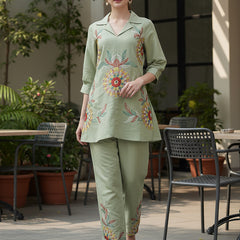 Olive Green Co-Ord: Detailed Central Embroidered Tunic and Wide Pants
