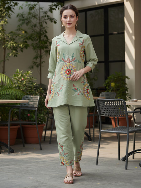 Olive Green Co-Ord: Detailed Central Embroidered Tunic and Wide Pants