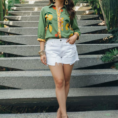 Mint Citrus Garden Embroidered Cotton Shirt