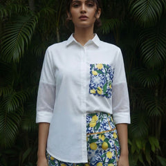 Contemporary Lemon Print Pocket Premium Cotton Shirt