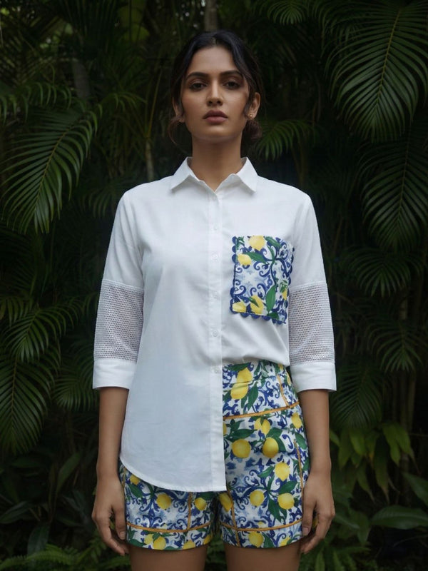 Contemporary Lemon Print Pocket Premium Cotton Shirt