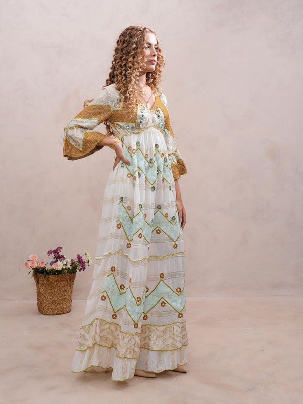 Women’s Cream Viscose Embroidered Maxi Dress