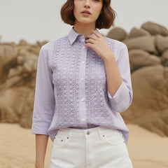 Lavender Bloom Embroidered Cotton Shirt with Classic Collar