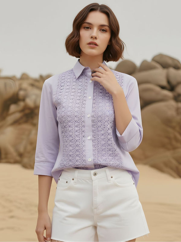 Lavender Bloom Embroidered Cotton Shirt with Classic Collar