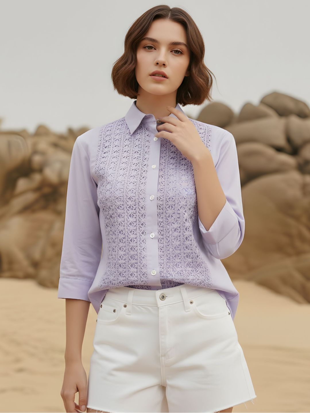 Lavender Bloom Embroidered Cotton Shirt with Classic Collar