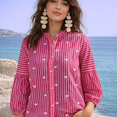Trendy Pink Striped Heart Print Relaxed Shirt