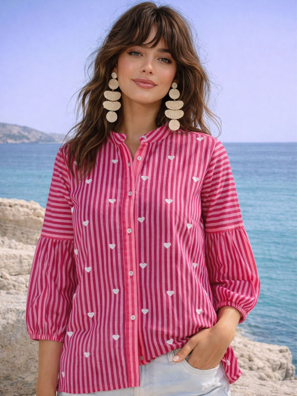 Trendy Pink Striped Heart Print Relaxed Shirt