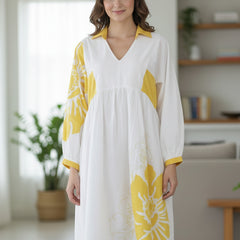 Stylish Yellow Cotton Cambric Printed Mini Dress