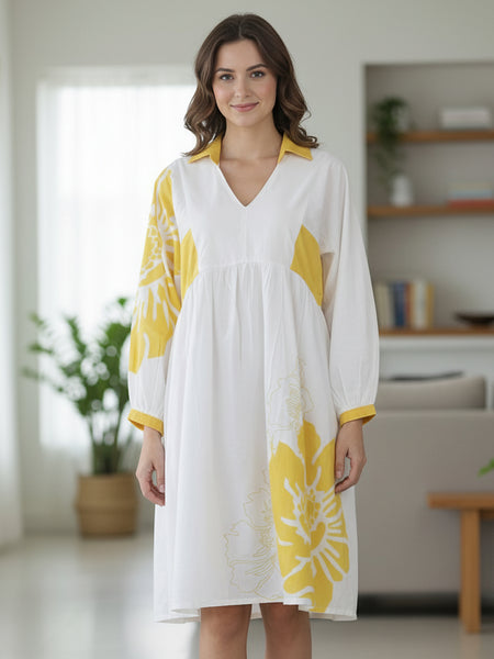 Stylish Yellow Cotton Cambric Printed Mini Dress