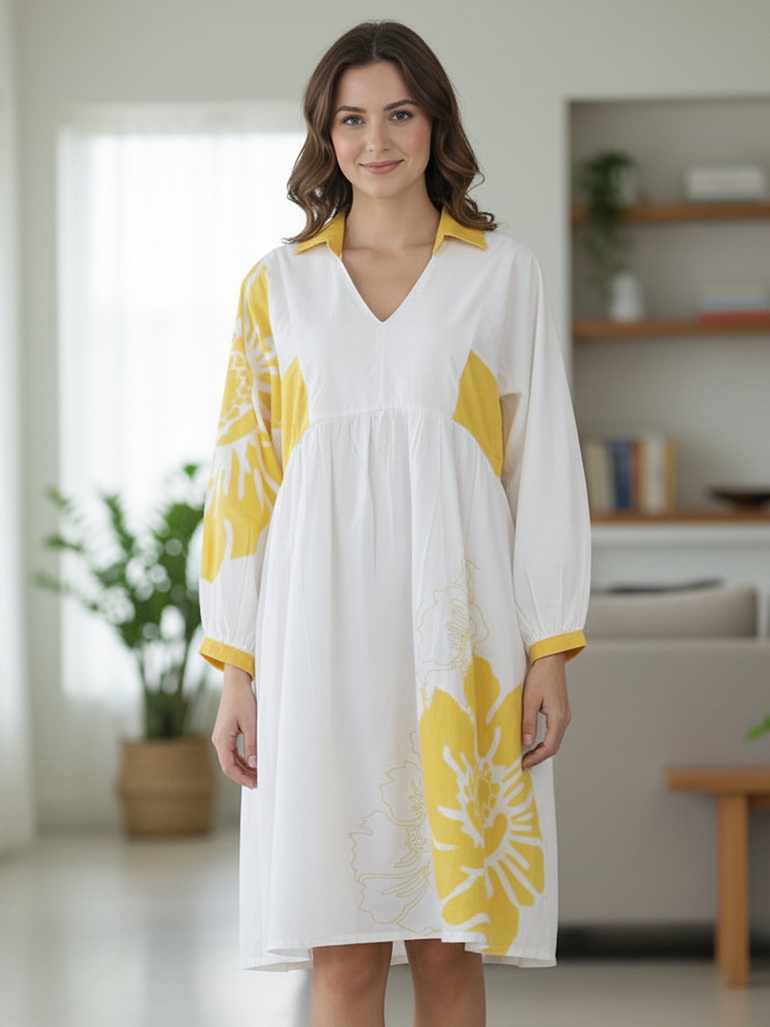 Stylish Yellow Cotton Cambric Printed Mini Dress