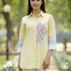 Women’s Yellow Embroidered Cotton Crop Shirt with Collar Neck