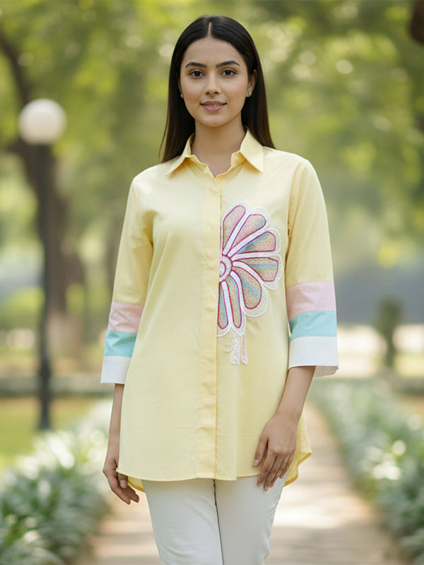 Women’s Yellow Embroidered Cotton Crop Shirt with Collar Neck