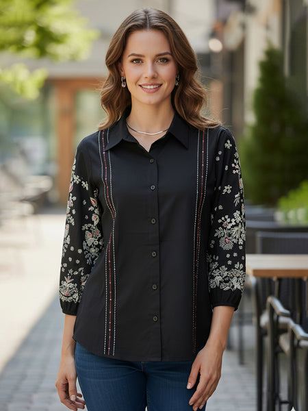 Black Handcrafted Embroidered Cotton Shirt