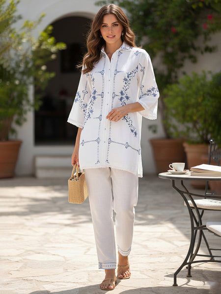 Elegant Women’s Kurta & Pant Set – White & Blue Embroidered