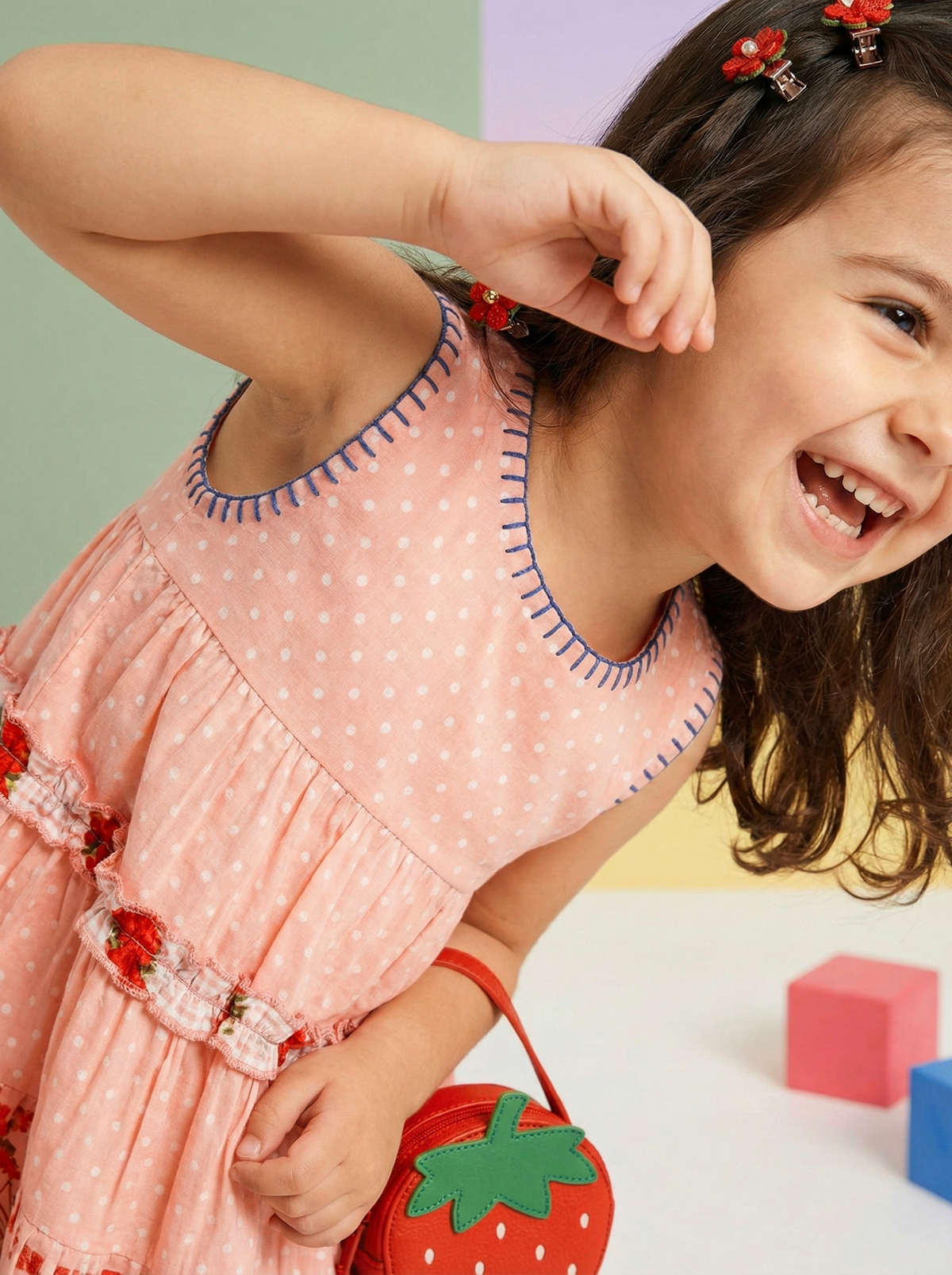 Girls Peach Pink Polka Dot Floral Printed Sleeveless Fit & Flare Dress