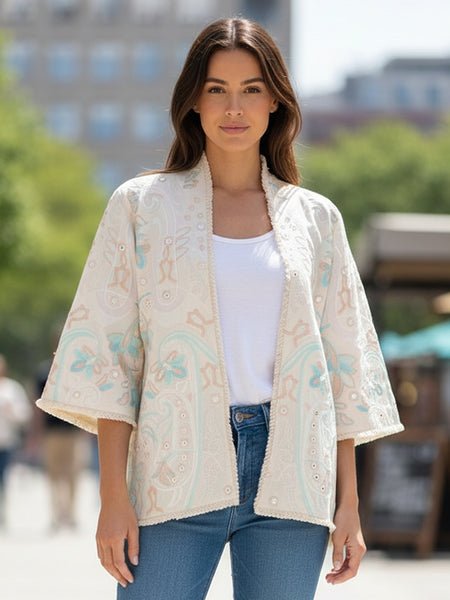 Cream Embroidered Cotton Flex Jacket