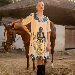 Cream Cotton Embroidered Midi Dress with V-Neck & Elbow Sleeves