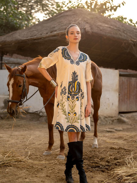 Cream Cotton Embroidered Midi Dress with V-Neck & Elbow Sleeves