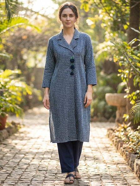 Women Navy Blue Textured Kurta with Pants – Coatrise Fabric