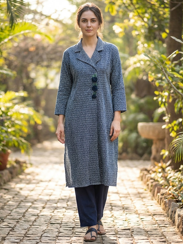 Women Navy Blue Textured Kurta with Pants – Coatrise Fabric