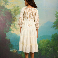 Off White Embroidery Work Midi Dress