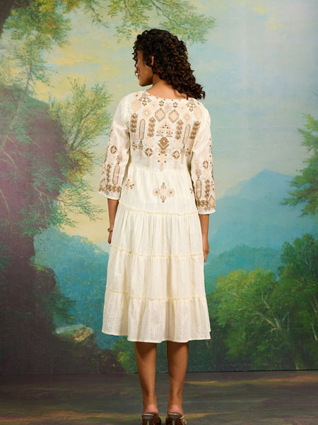 Off White Embroidery Work Midi Dress