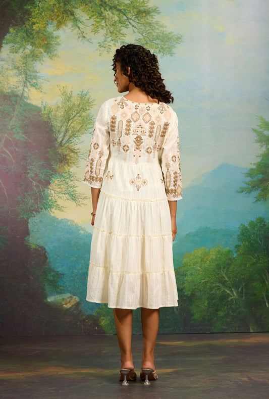 Off White Embroidery Work Midi Dress