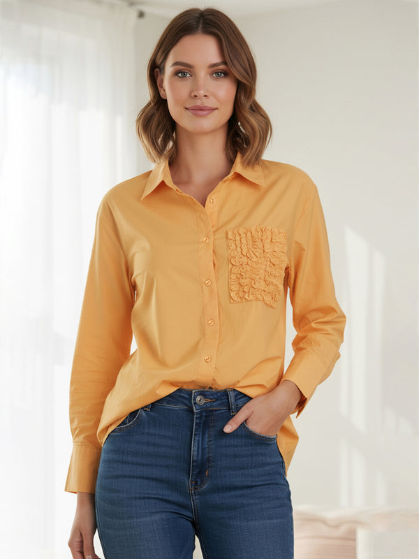 Yellow Embroidered Viscose Shirt with Closed Neck