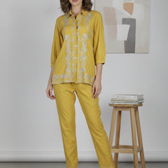 Mustard Meadow White Floral Embroidered Cotton Co-ord Set