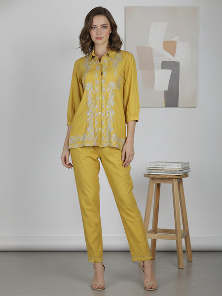 Mustard Meadow White Floral Embroidered Cotton Co-ord Set