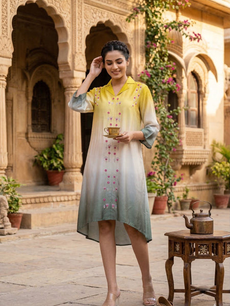 Stylish Yellow Green Ombre Summer Dress