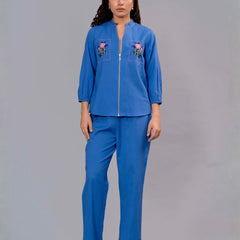 Blue Cotton Embroidered Co-Ord Set with Zip Top