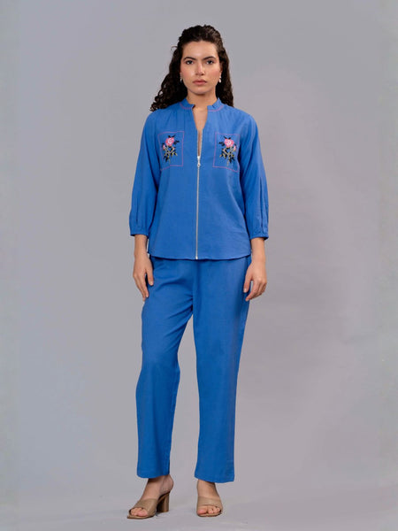 Blue Cotton Embroidered Co-Ord Set with Zip Top