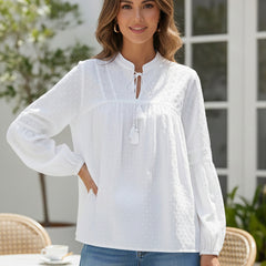 Women’s White Cotton Embroidered Shirt with Closed Neck and Full Sleeves