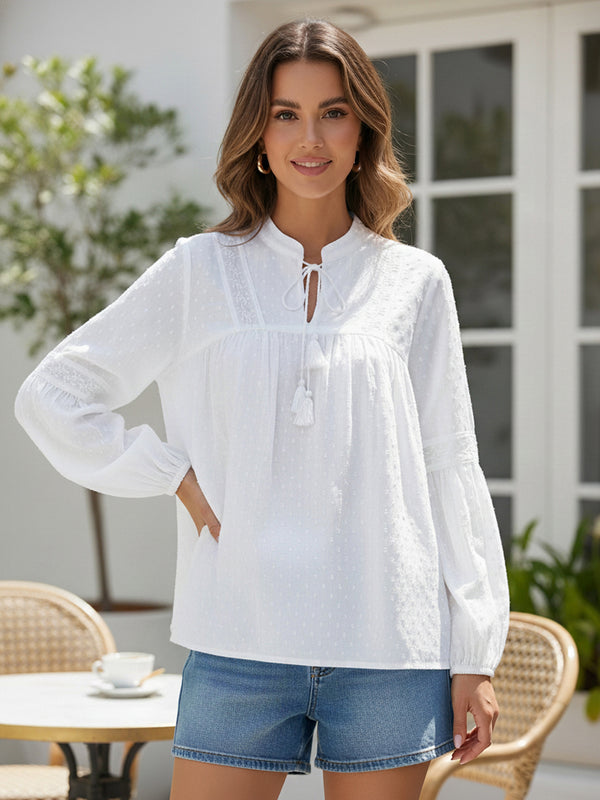 Women’s White Cotton Embroidered Shirt with Closed Neck and Full Sleeves