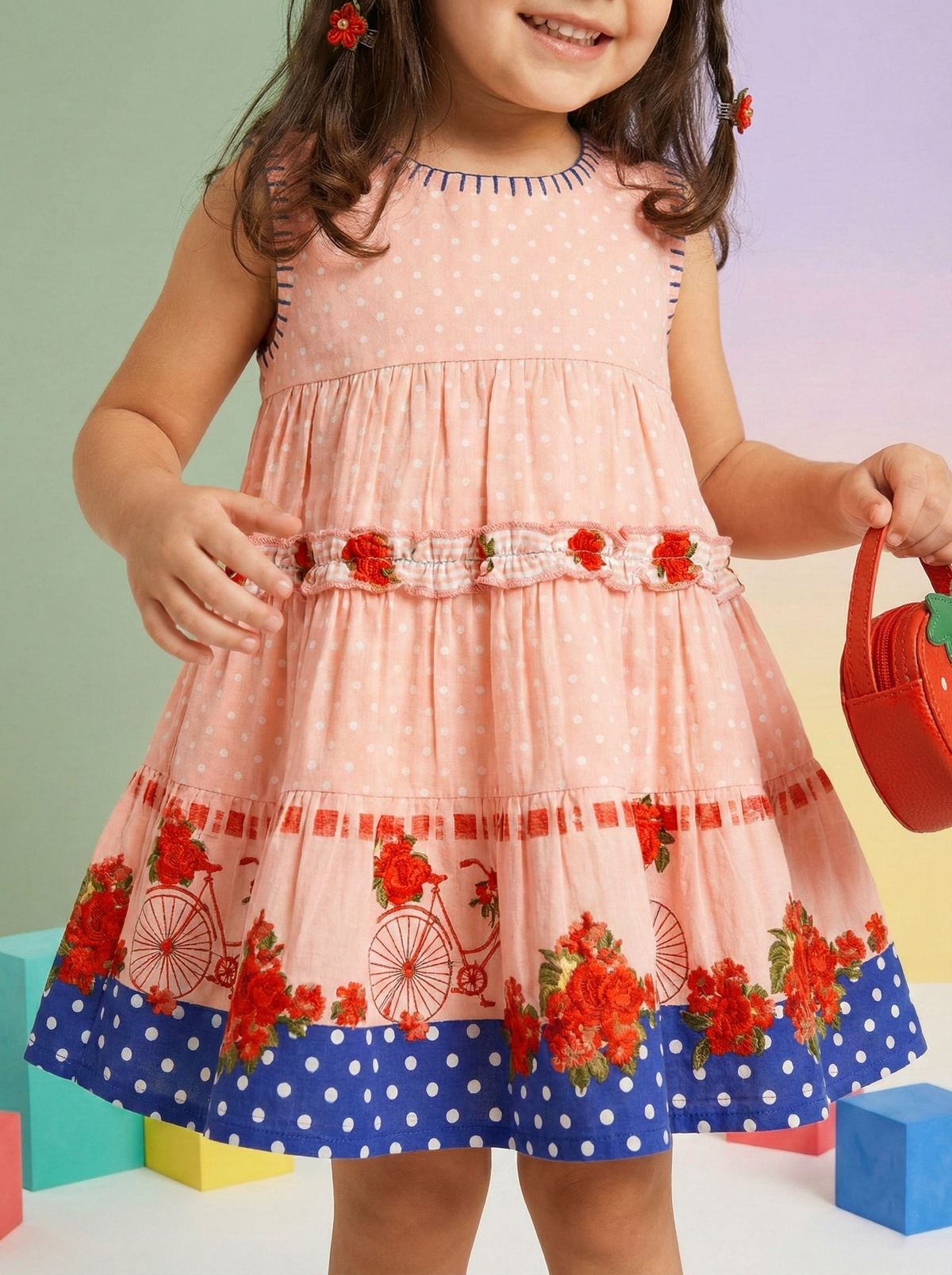 Girls Peach Pink Polka Dot Floral Printed Sleeveless Fit & Flare Dress